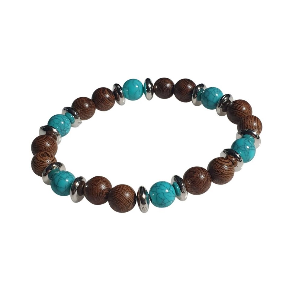 Wooden Acrylic Bead Stretch Bracelet Round Silver Tone Accent Handmade Boho Gift